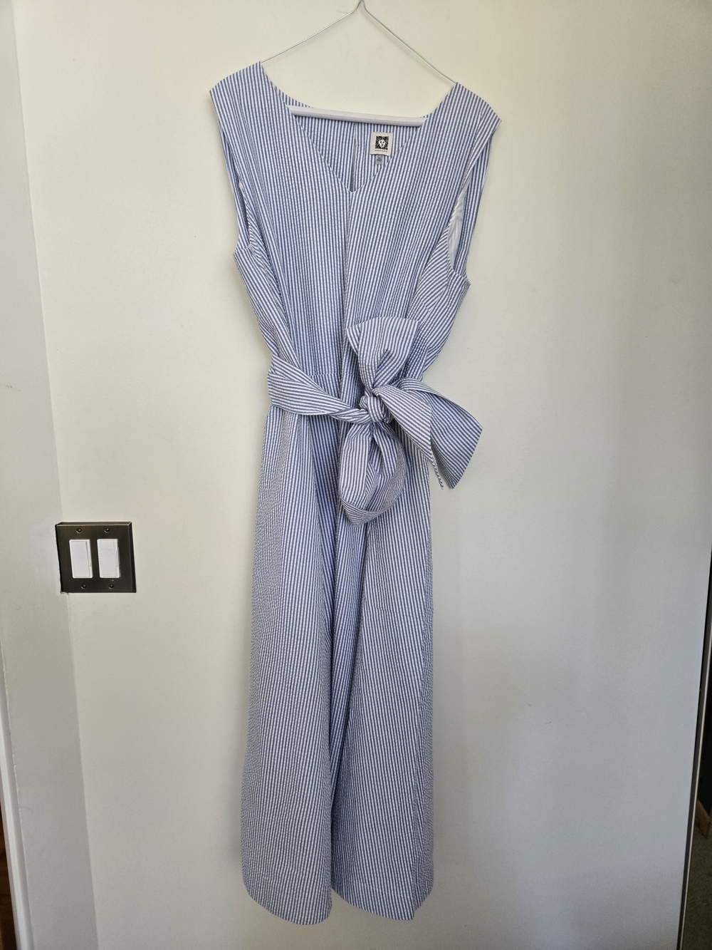Blue & White Pinstripe Sleeveless Tie-Waist Midi Dress